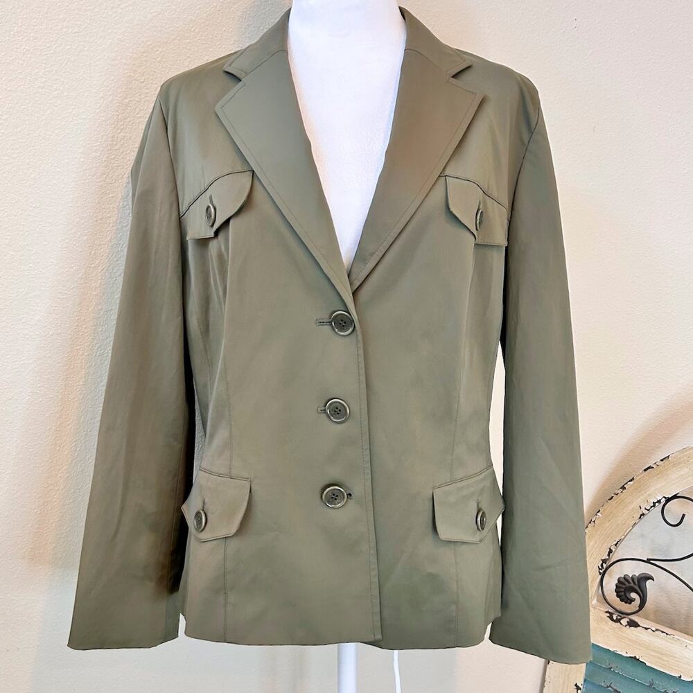 Talbots Women Military Blazer Jacket Utility Cargo Pockets Army Green Large